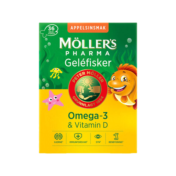 Möller’s Pharma Omega-3 og Vitamin D gelefisker med appelsinsmak 36 stk
